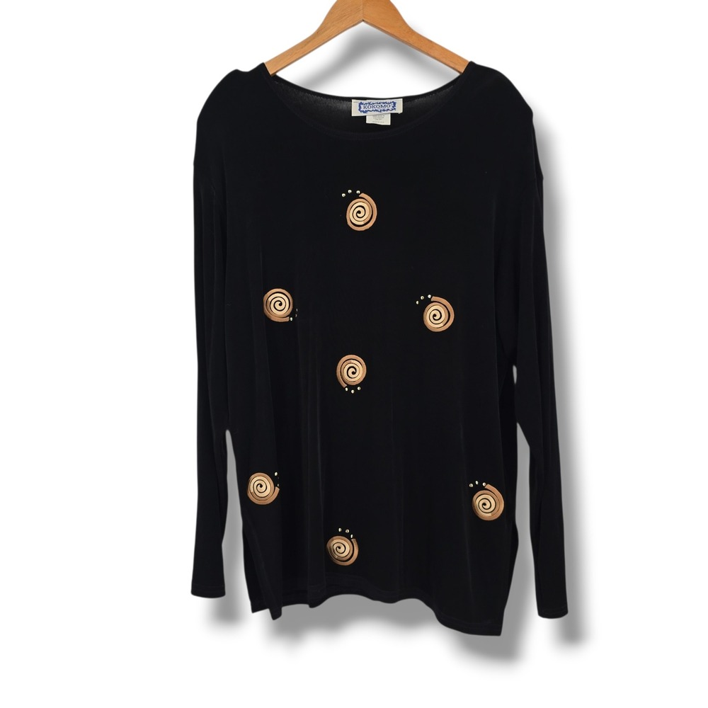 Kokomo Black Slinky Knit‎ Gold Spiral Applique Long Sleeve Top Size Large
